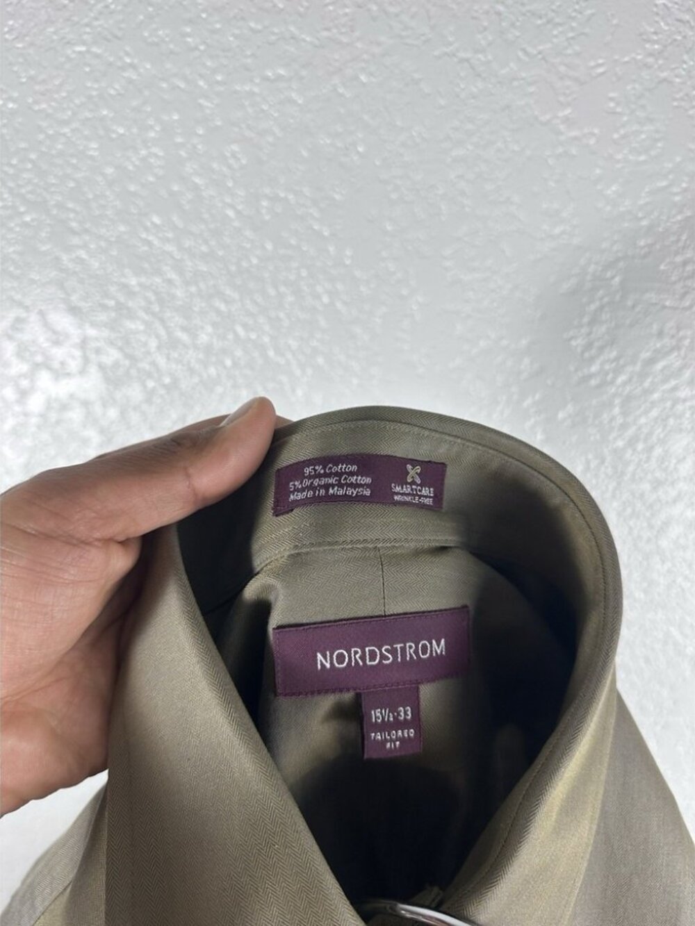 NWT Nordstrom Tailored Fit Olive Herringbone Dress Shirt 15.5 33 Long Sleeve